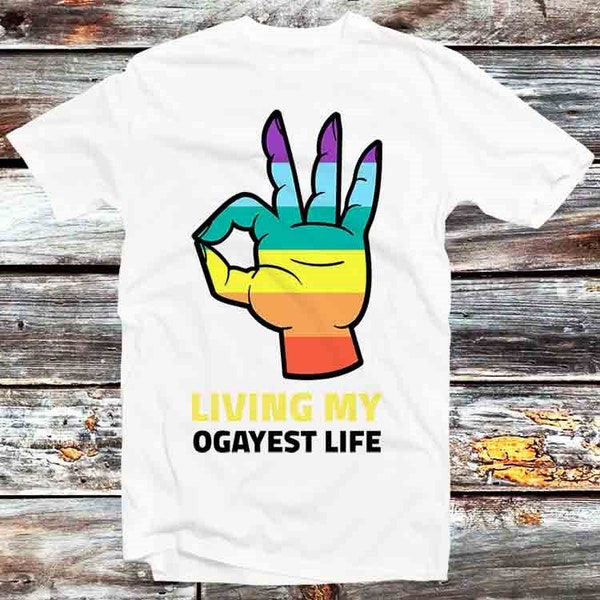 Living My Okayest Life Gay Proud LGBT Pride T Shirt Vintage Retro Cool Gift Mens Womens Unisex Cartoon Anime Top Tee B945