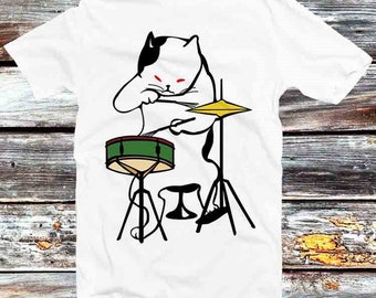 Cat Playing Drums Kitten Music Master T Shirt Vintage Retro Cool Gift Mens Womens Unisex Cartoon Anime Top Tee B693