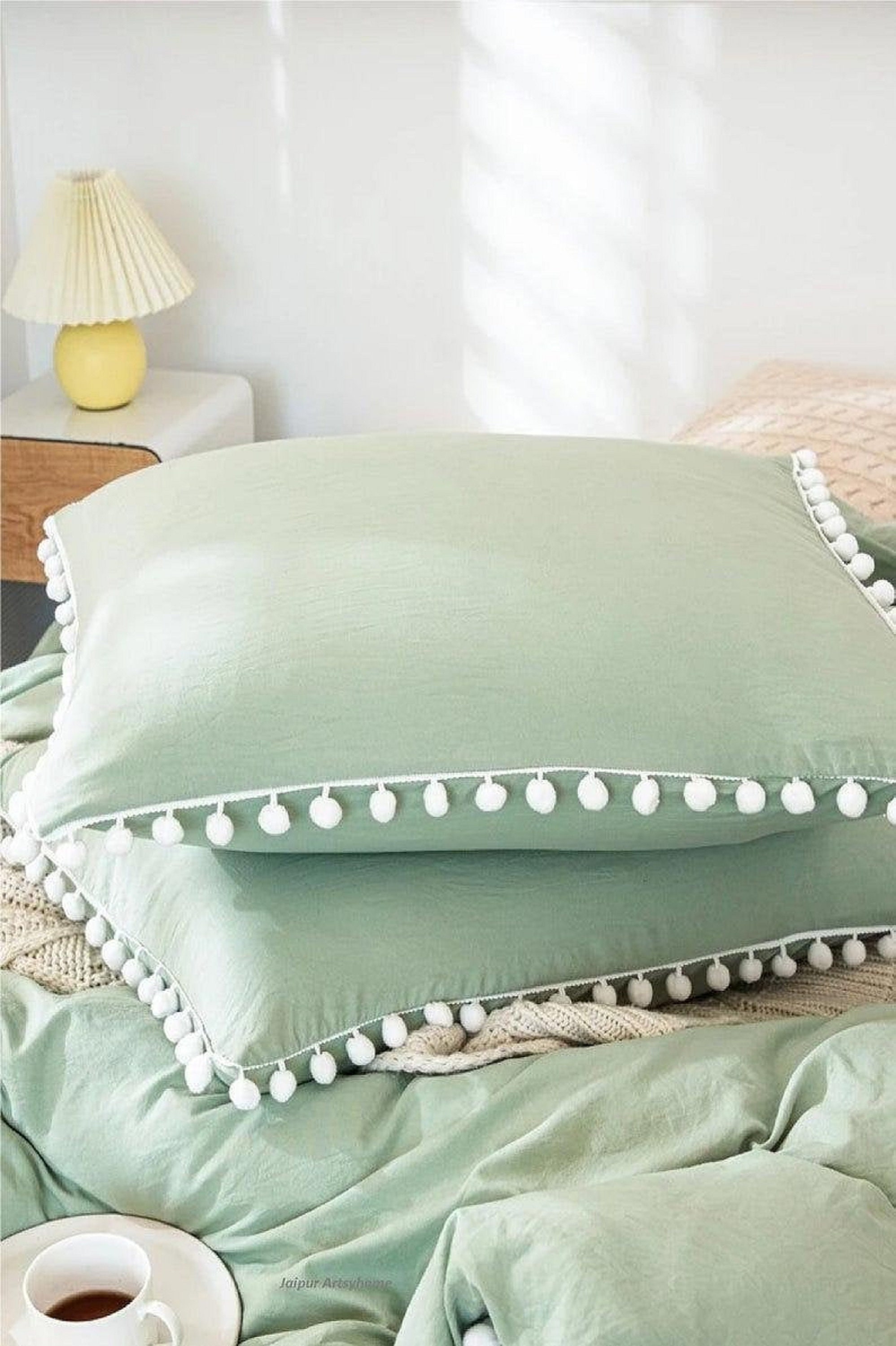 Sage Green With Black Pom Pom Duvet Cover Queen King Full Etsy
