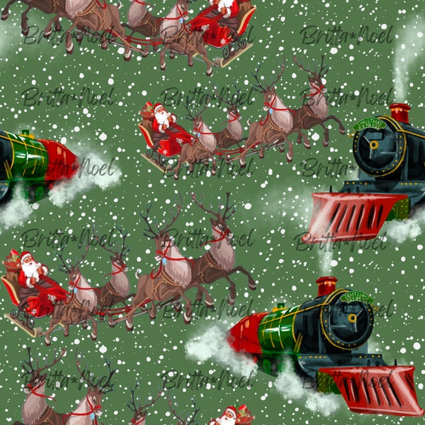 Christmas Train and Santa Sleigh design, Seamless Pattern for Christmas, Christmas design, Christmas digital paper