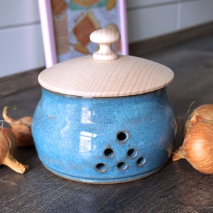 Puede incluir: Un recipiente de cerámica azul para cebollas con tapa y pomo de madera clara. El recipiente tiene orificios de ventilación y está rodeado de cebollas sobre una superficie oscura. Una imagen enmarcada está en el fondo.