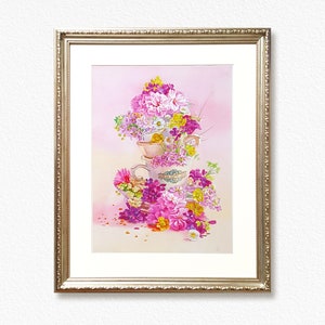 FIORI E TAZZE Acquerello originale rosa incorniciato
