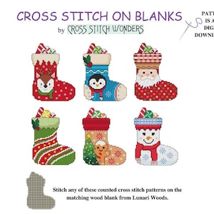 Christmas Stockings, Santa, Snowman, Reindeer, Cute, Counted Cross Stitch, PDF, Pattern, Fits Wood Blank, Cross Stitch Wonders, Lunari Woods