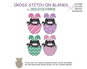 Cat, Easter Egg, Bunny Ears, Counted Cross Stitch, PDF, Digital Download, Easter, Holiday, Fits wood blank, Chart, Cross Stitch Wonders
