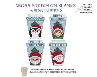 Gorro de Papá Noel, Elfo, Pingüino, Papá Noel, Muñeco de nieve, Café, Taza para llevar, Navidad, Punto de cruz, PDF, Digital, Descargar, Madera en blanco a juego disponible