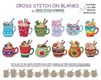 A Year Of Mugs, All 12 Months, Monthly, Counted Cross Stitch, PDF, Pattern, Fits Cross Stitch Blank, Cross Stitch Wonders, Lunari Woodss