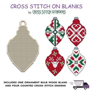 Christmas Ornament 1, Includes 4 Matching Cross Stitch Designs, Christmas,  Ornament, Laser Cut, Wood Blank, Counted Cross Stitch