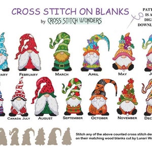 A Year Of Gnomes, 12 Months, Canada, Monthly, Counted Cross Stitch, PDF, Pattern, Fits Wood Blank, Cross Stitch Wonders, Lunari Woods