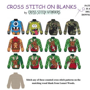 Puede incluir: Doce patrones de punto de cruz para suéteres, que incluyen un monstruo, un reno, un hombre de jengibre y un alce. Los patrones están disponibles como descarga digital en PDF.