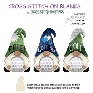 Little Gnome, GOLFING, 3 Hat Styles, Gnomes, Sport, Fits Mushroom House Display, Counted Cross Stitch, Cross Stitch Wonders, Digital, PDF