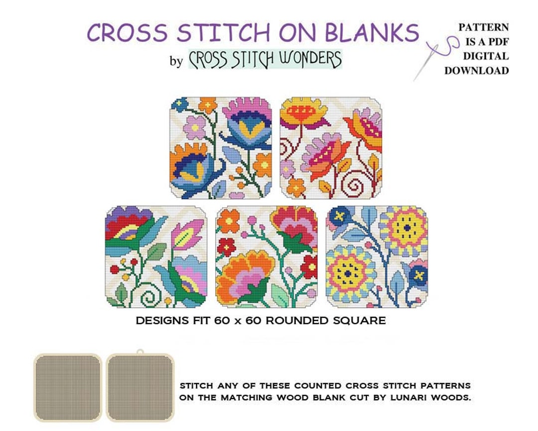 Jacobean Flowers Set One Beautiful Rounded Square Counted Etsy