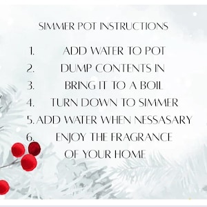 May include: A white background with text that reads "Simmer Pot Instructions" followed by six numbered steps. The image is decorated with a sprig of pine needles and red berries.