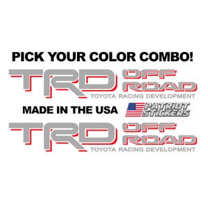 May include: A white background features two sets of TRD Off Road decals. The text "PICK YOUR COLOR COMBO!" and "MADE IN THE USA" are above the decals. The American flag is also visible.