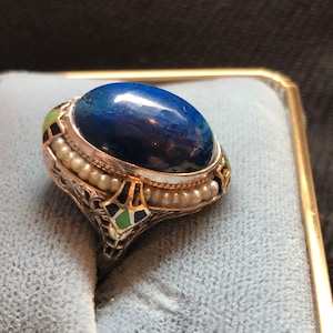 Antique 1920s Art Nouvea Oval Lapis and Seed Pearl Filigree Ring 14k White Gold