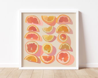 Beachy Citrus Wall Art Print, Sunny Beach Fruit Artwork, Fun Eclectic Bright Pop Vivid | 8x8 10x10 12x12 16x16 18x18 inch, Square, Unframed