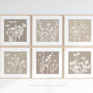 Taupe Ivory Wild Flower Gallery, Wildflower Wall Art Print Set, Minimalist Floral Artwork | 4x4 5x5 6x6 8x8 10x10 12x12 inch Square Unframed
