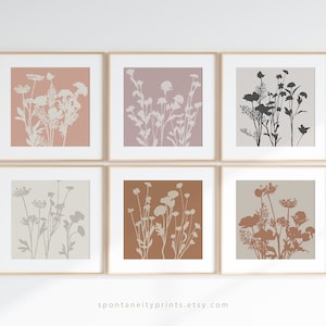 Cream Rust Gray Flower Gallery Set, Wildflower Wall Art Prints, Rustic Floral Artwork 4x4 5x5 6x6 8x8 10x10 12x12 8x10 12x15 Square Unframed