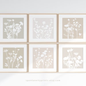 Stone Ivory Flower Gallery Set, Wildflower Wall Art Prints, Neutral Floral Artwork | 4x4 5x5 6x6 8x8 10x10 12x12 8x10 12x15 Square Unframed