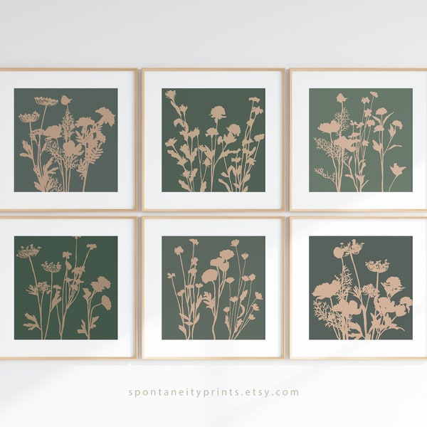 Forest Green Beige Flower Gallery Wall Art Print Set, Floral Artwork, Simple Minimal Neutral Khaki | 4x4 5x5 6x6 8x8 10x10 12x12 inch Square