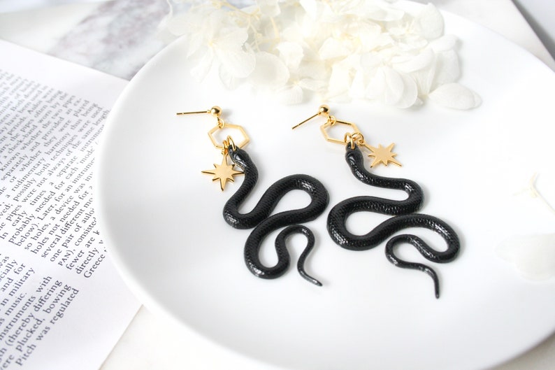 Black Gold Resin Snake Earrings image 4