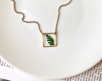 Pressed Fern Leaf Square Necklace