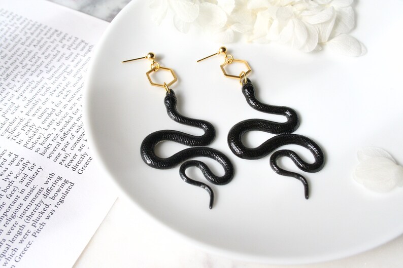 Black Gold Resin Snake Earrings image 2