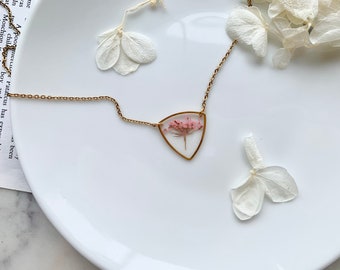 Pressed Pink Flower Triangle Necklace