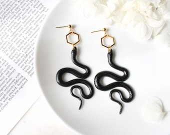 Black + Gold Resin Snake Earrings