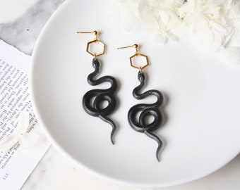 Black + Gold Resin Snake Earrings