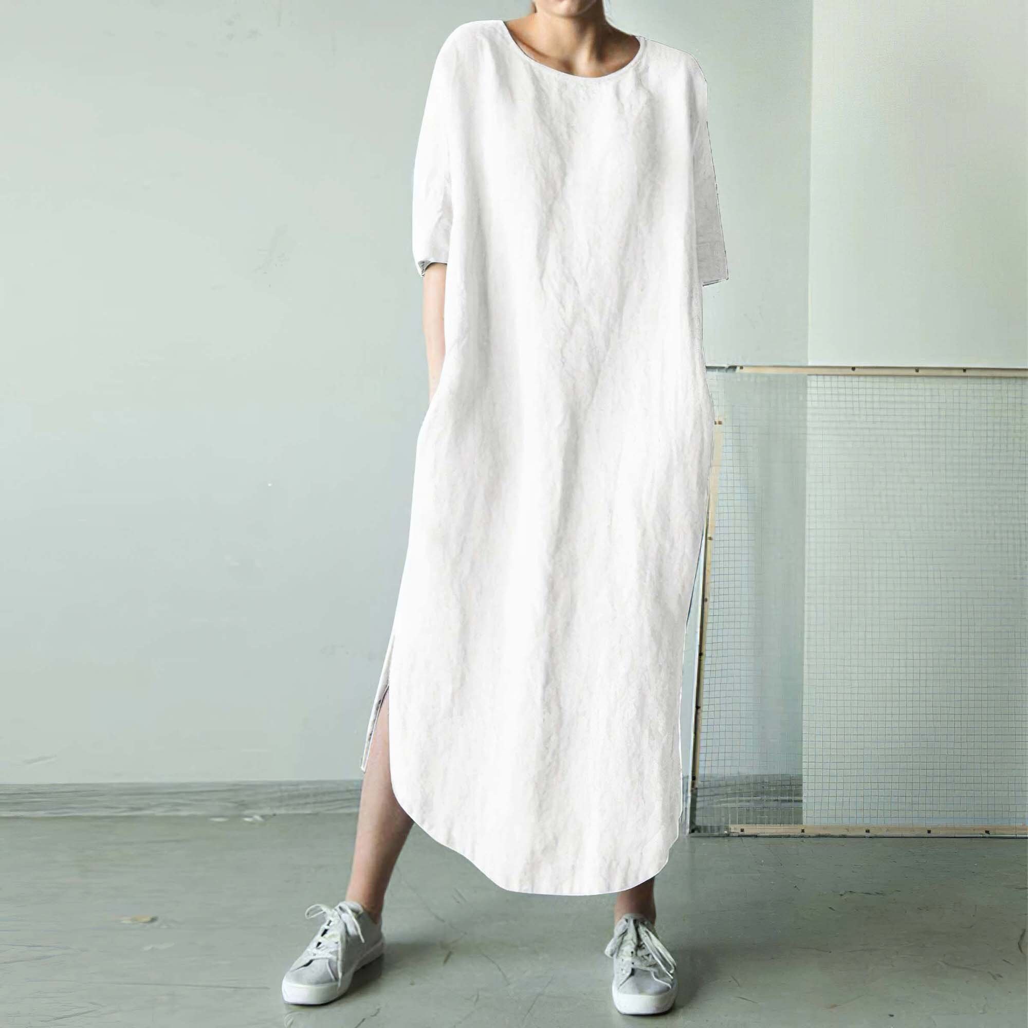 Women O Neck Short Sleeve Sundress Summer Solid Cotton Linen | Etsy