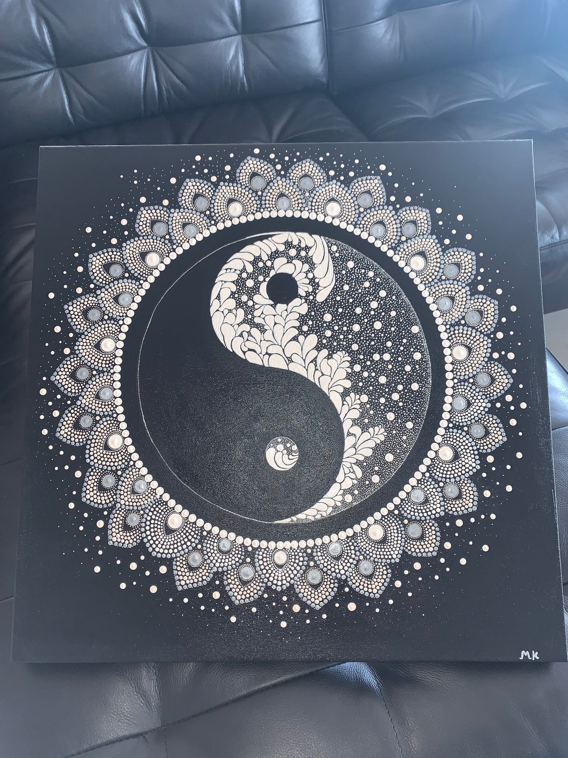 Mandala Dot Art 5050cm Canvas Hand Made Black N White Etsy