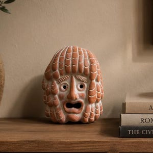May include: A terracotta-colored ceramic sculpture shaped like a stylized human head with a textured, layered hairstyle and an open-mouthed expression. The sculpture features defined facial features, including arched eyebrows and a prominent nose.