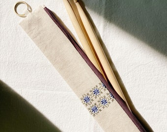 Blue Flower Embroidery Linen Cotton Drum Stick Case Pouch Bag