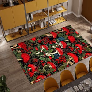 Whimsical Forest Red Mushrooms Rug & Dark Vintage Mystical Nature Decor Rug, Farmhouse Decor