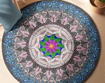 Floral Mandala Teppich: Rund Lila Blumen-Kunst, Retro Stil, 3 ft