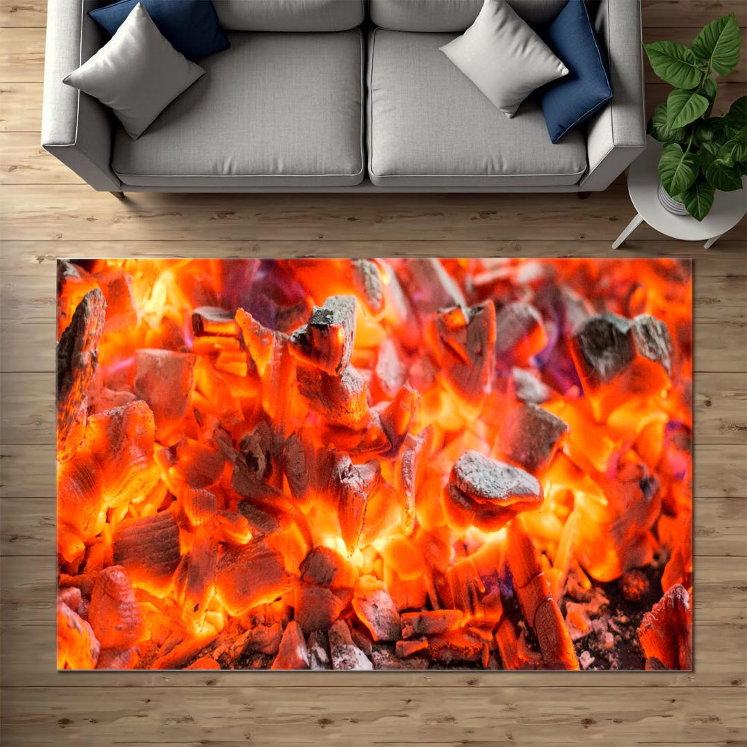 Fire Rugs Custom Realistic Fire Rug: Burning Embers, Rustic Campfire Vibes, Washable ...