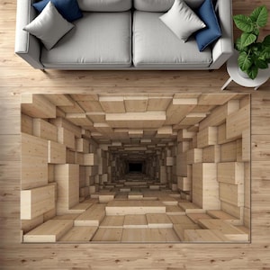 May include: A 3D optical illusion rug featuring a wooden tunnel with a repeating pattern of rectangular blocks. The rug is designed to create the illusion of depth and perspective.