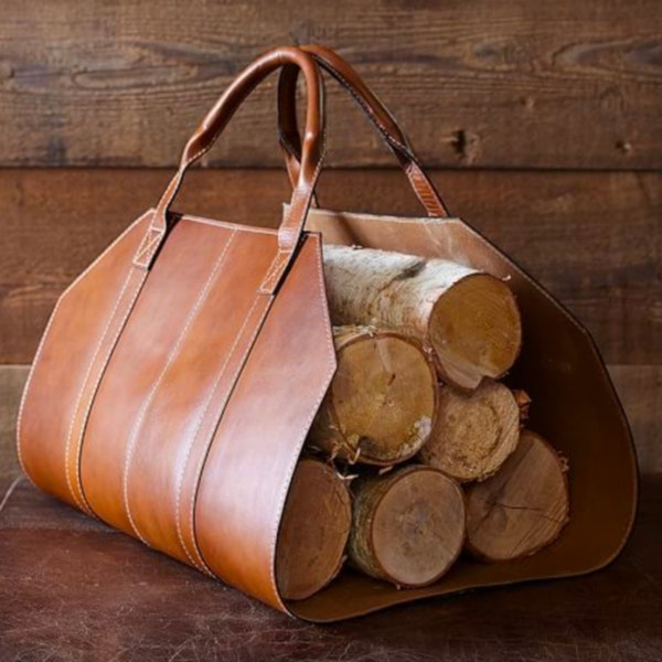 Log Carrying Leather Bag, Wood Carrier Leather Tote, Fireplace Wood Leather Carrier, Wood Gathering Leather Bag
