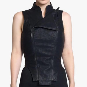 Womens Black Moto Biker Cyberpunk Leather Vest, Zipper Modern Stylish Leather Vest for Women, Minimalist Rider Leather Vest for Ladies