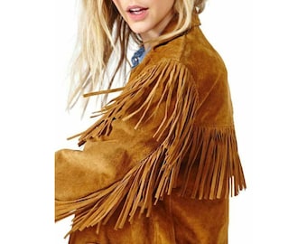 Giacca con frange in pelle scamosciata western da donna, giacca classica corta in pelle di vacchetta per lei, giacca tradizionale americana, cappotto in pelle scamosciata americana da cowgirl