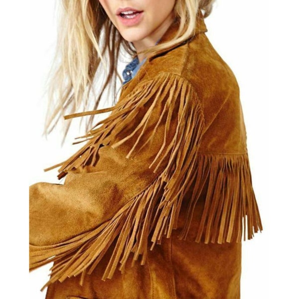 Giacca con frange in pelle scamosciata western da donna, giacca classica corta in pelle di vacchetta per lei, giacca tradizionale americana, cappotto in pelle scamosciata americana da cowgirl