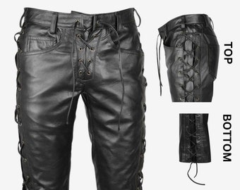 Genuine Leather Pant Men, Side Lace Up Leather Pant Black, Leather Trousers Men Laced Pant