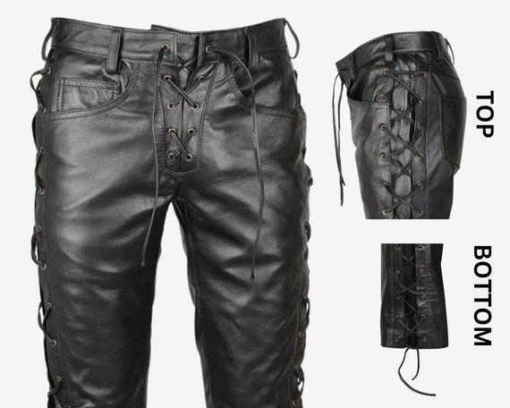 Genuine Leather Pant Men, Side Lace up Leather Pant Black, Leather Trousers  Men Laced Pant 