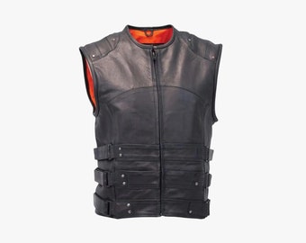 Adjustable Gothic Handmade Leather Vest for Bikers, Men Steampunk Soft Leather Black Vest for Summers, Genuine Leather Classic 3 Straps Vest