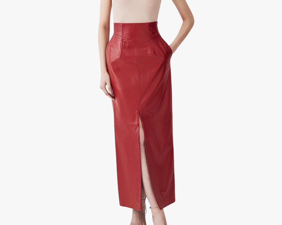 Genuine Leather Red Long Skirt Slim Fit Steampunk Red Leather Etsy