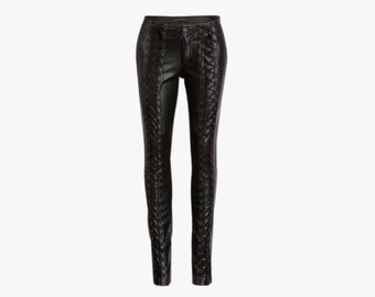 Women Slim Fitted Front Laced Fashion Leather Pants, Black Leather Cut Out Biker Skinny Pants, Genuine Leather Capri Style Leather Pants