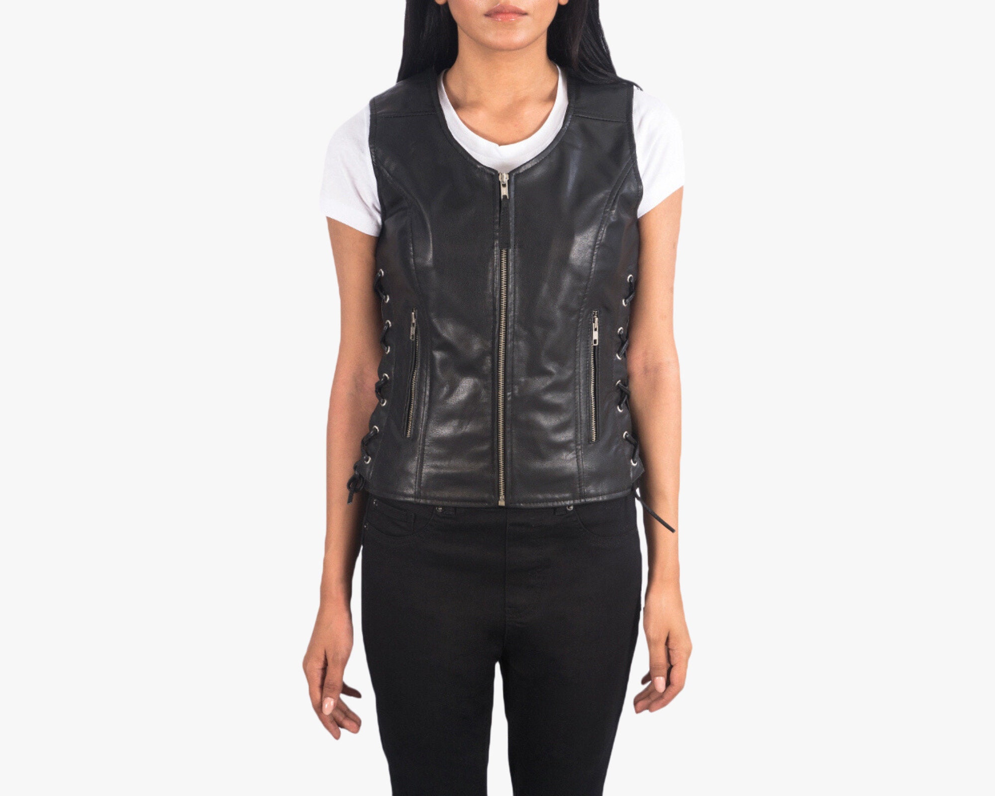 Women's Eyelet Lace Concealed Pocket Black Leather Vest