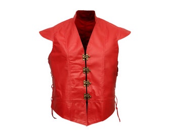 Genuine Leather Mens Jerkin Red Vest, Stylish Renaissance Laced Leather Vest, Handmade Medieval Slim Fit Leather Vest