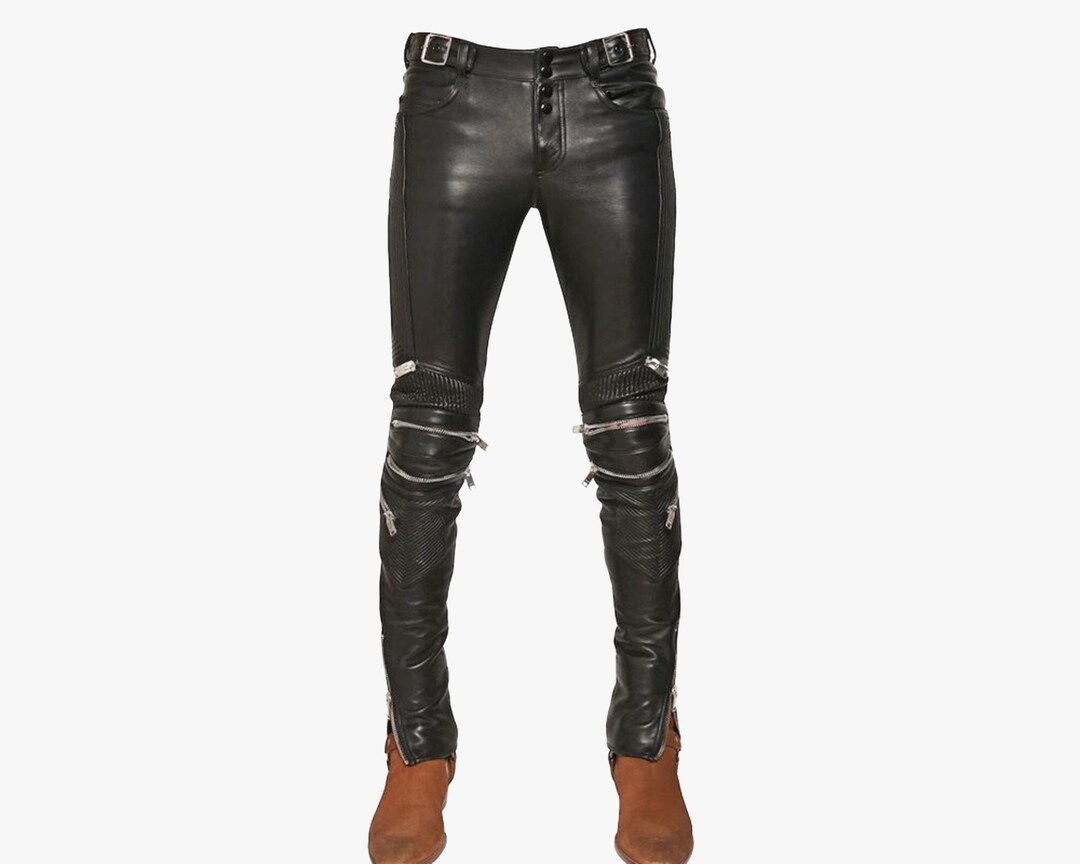 Electric Zipper Leather Pants for Men and Women, Genuine Black Leather
