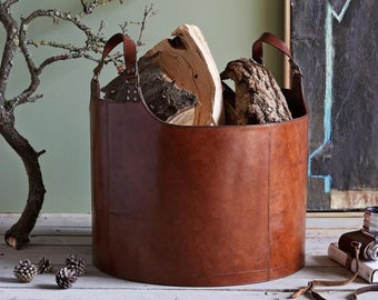 Leather Round Log Basket, Handmade Firewood Storage Basket, Round Wood Carrying Bag, Leather Log Carrier